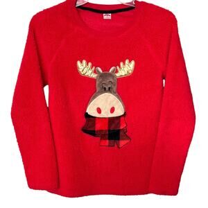 HOLIDAY TIME LONG SLV PULL-OVER ROUND NECK TOP, WOMENS, M-RED W/GOLD BRN GRAPHIC